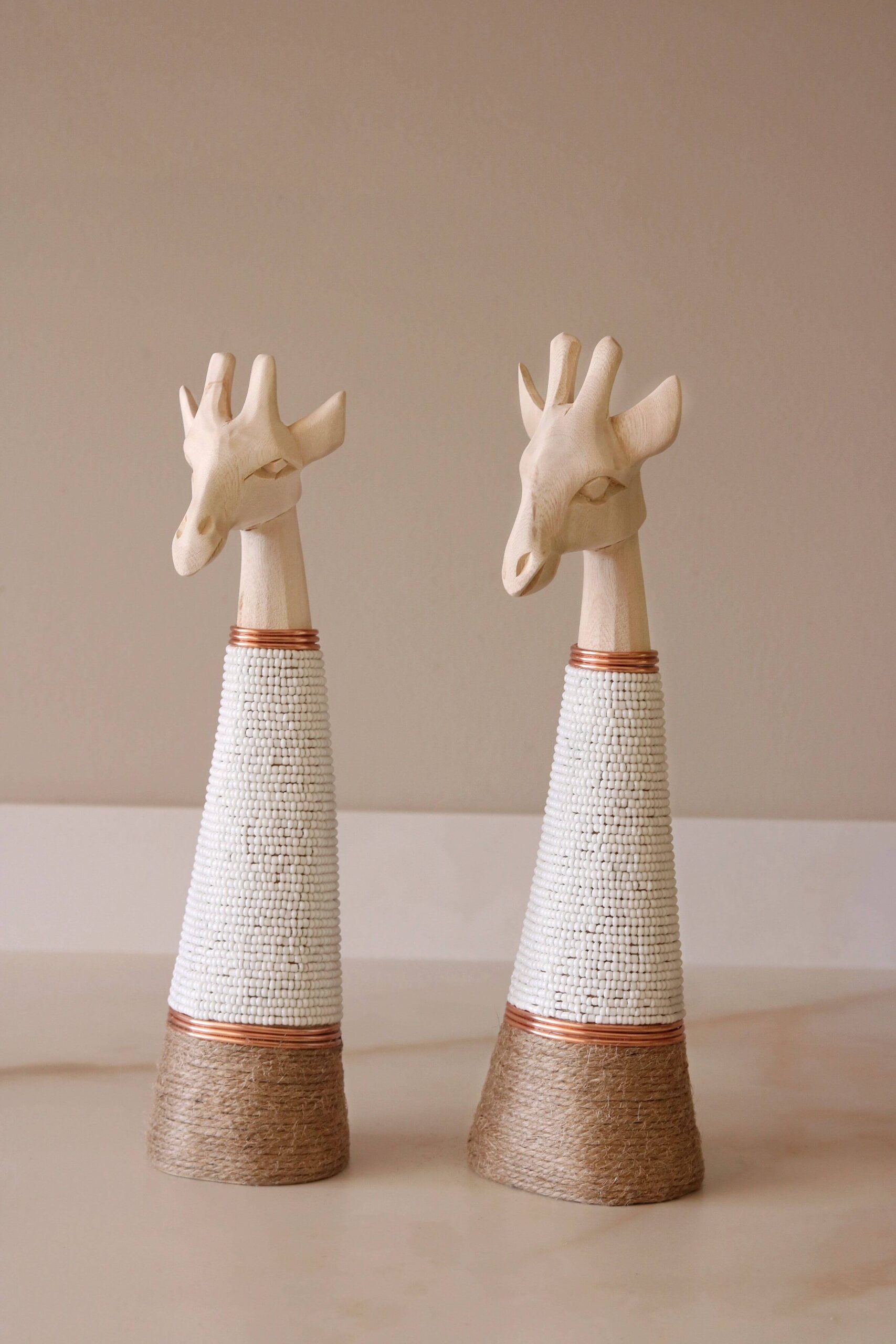 Hand-carved Giraffe - Natural Wood with White Beads