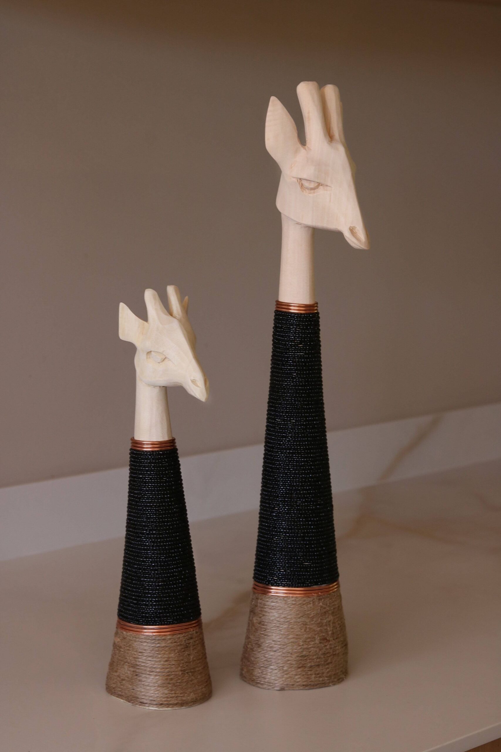 Hand-carved Giraffe - Natural Wood with Black Beads