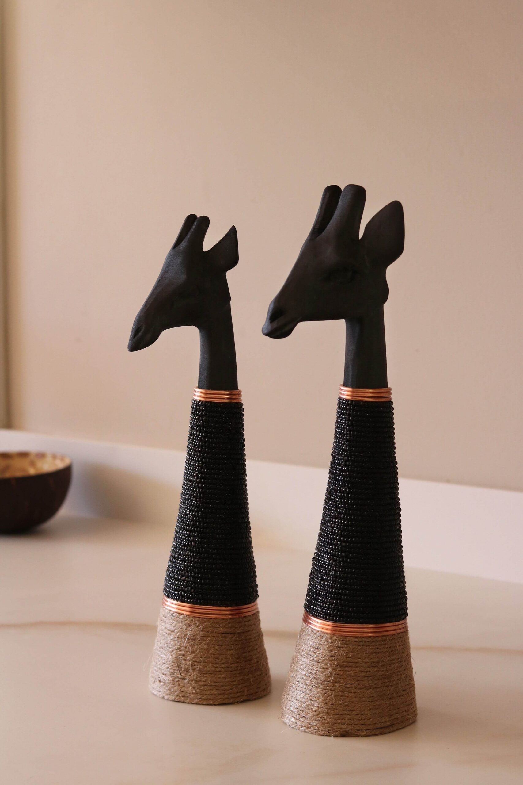 Hand-carved Giraffe - Black Wood with Black Beads